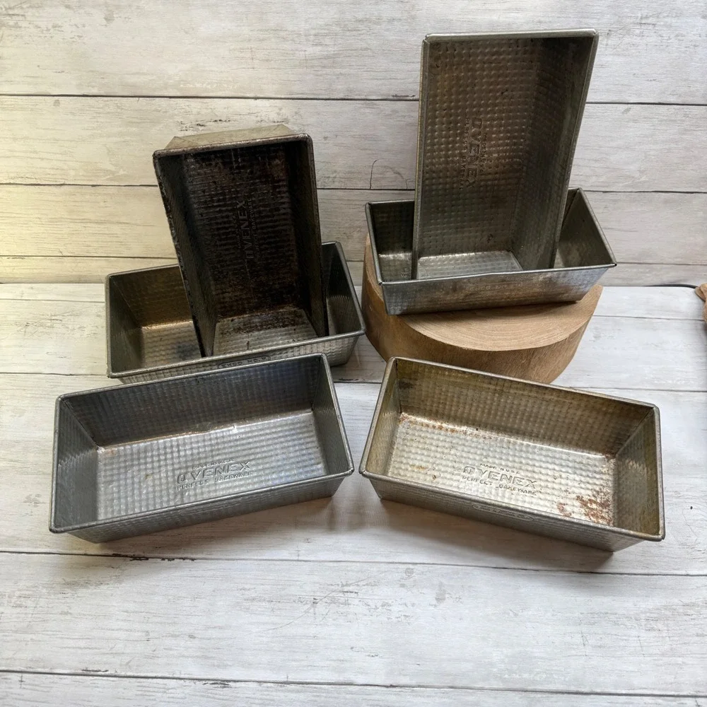 Vintage Ovenex Tin Loaf Pan Set 6pc Waffle Texture Ekco No 7 No 2 Silver Rust